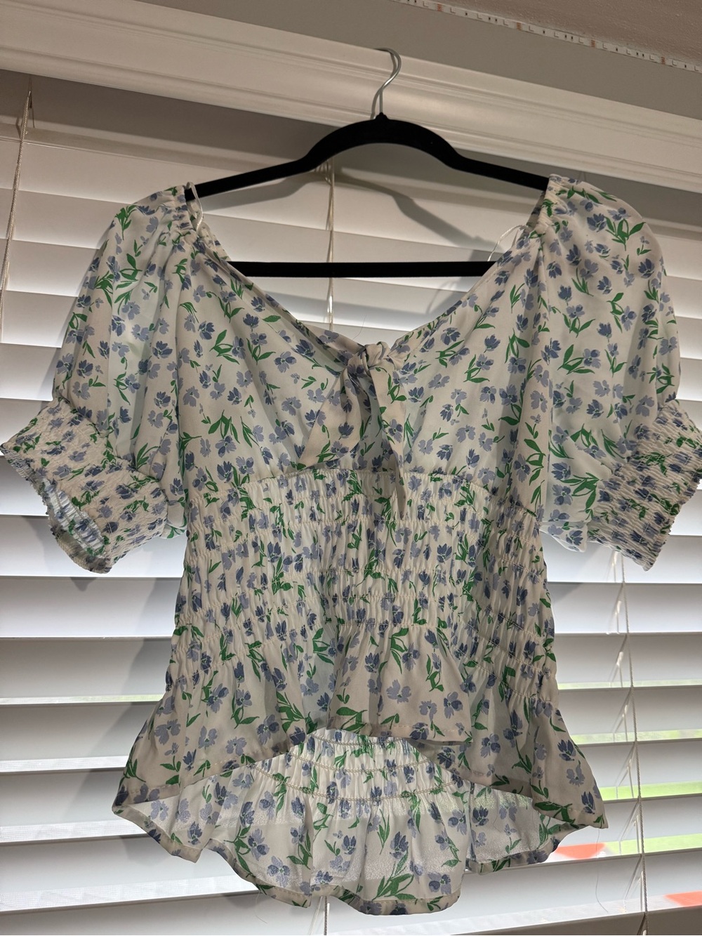 Sienna Sky White Peasant Blouse with Blue Floral & Green Leaves